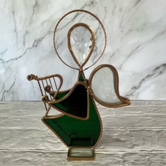 Elegant Green & Gold Stained Glass Angel Figurine Playing Harp - Picture 2 of 6